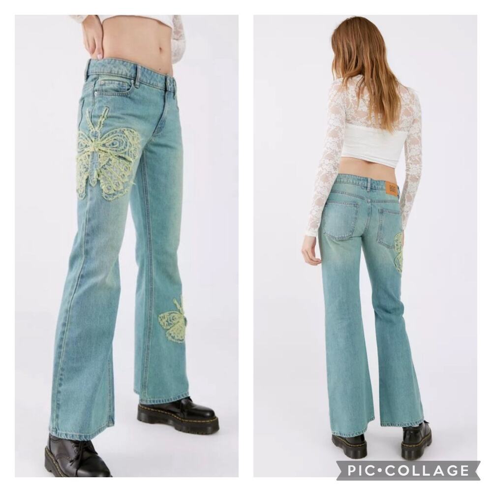 Urban Outfitters BDG Y2K Low Rise Flare Jeans Butterfly Crochet Appliqués 30